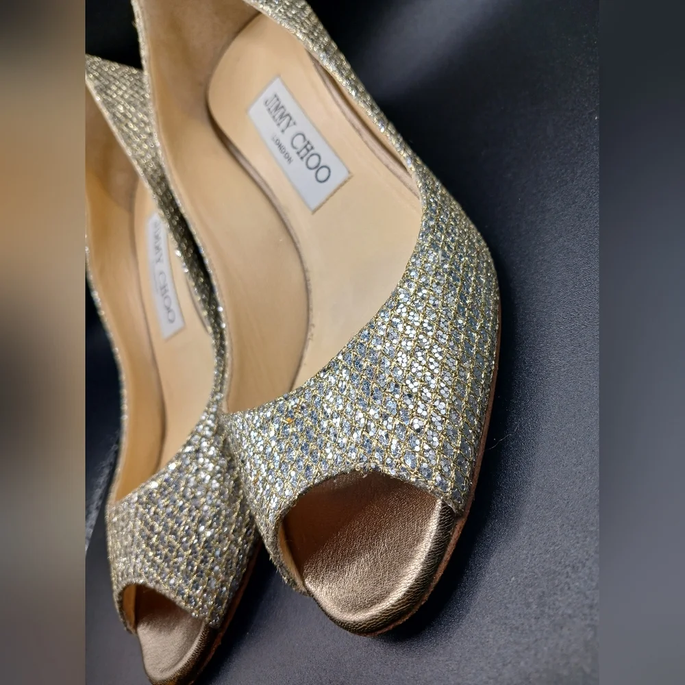 🪩 Jimmy Choo Gold Glitter Peep Toe Heels | Size 36 (US 6) | Made in Italy - Picture 8 of 13